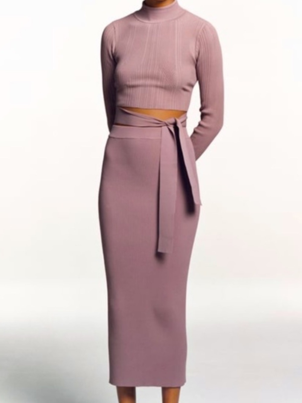 Zara Skirt Set Ribbed Wrap-Tie Top Maxi Midi Skirt Dusty Rose Pink Fall Romantic